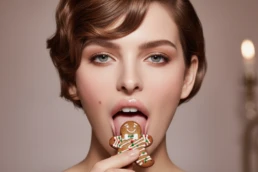 5 Ernährungstipps zum Jahresende mit dem Bild einer Frau die ein Weihnachtsgebäck isst