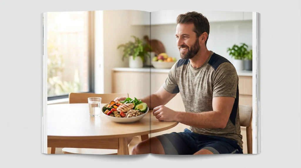 Mann in Sportkleidung sitzt an hellem Küchentisch mit gesunder Mahlzeit aus Gemüse, Protein und Quinoa – Lifestyle-Foto zum Thema Stoffwechsel und Energie.