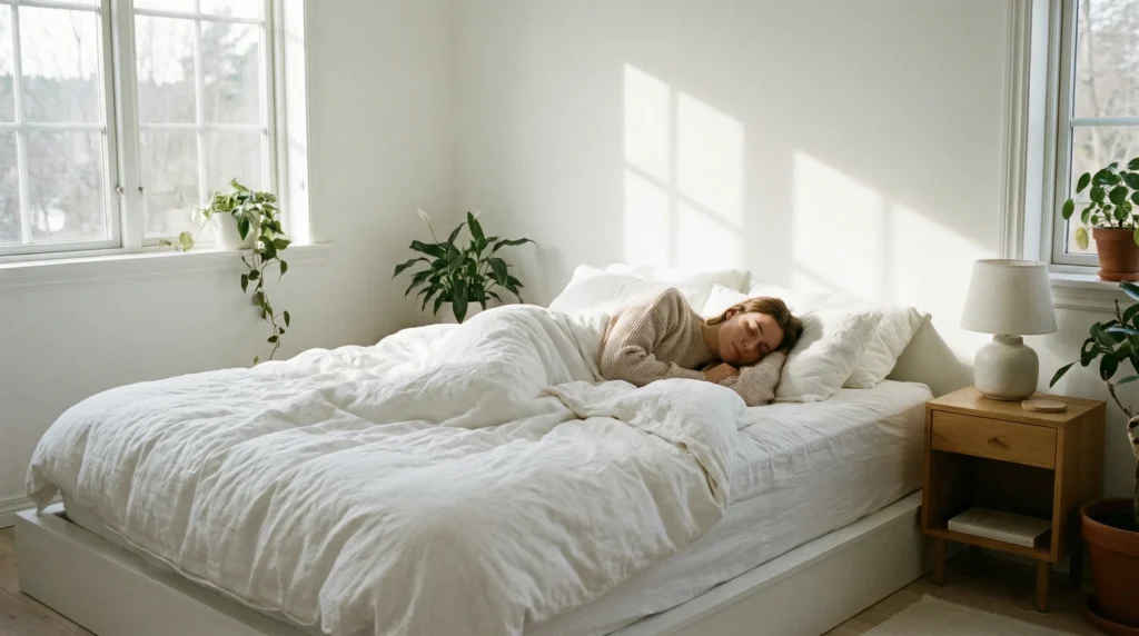 Eine entspannte Person schläft tief und fest in einem hellen, aufgeräumten Schlafzimmer, was die Bedeutung von Regeneration für den Stoffwechsel symbolisiert.