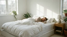 Eine entspannte Person schläft tief und fest in einem hellen, aufgeräumten Schlafzimmer, was die Bedeutung von Regeneration für den Stoffwechsel symbolisiert.