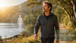 Mann in Sportkleidung sitzt an hellem Küchentisch mit gesunder Mahlzeit aus Gemüse, Protein und Quinoa – Lifestyle-Foto zum Thema Stoffwechsel und Energie.