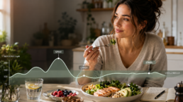 Hochwertige helle Lifestyle-Szene mit gesunder Mahlzeit aus Gemüse, Eiweiss und Vollkorn zur Stabilisierung des Blutzuckers.